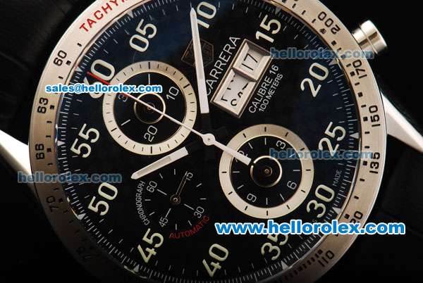 Tag Heuer Carrera Calibre 16 Swiss Valjoux 7750 Automatic Movement Steel Case with Black Dial and White Markers - Click Image to Close
